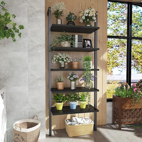 mieres Minimalist 70.8 in. Black Wooden 5 Shelves Wall Mount