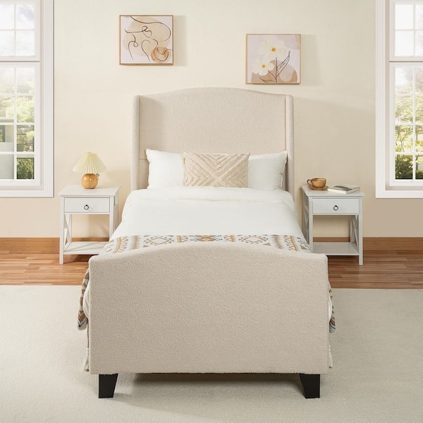 Diane White Metal Frame Twin Size Platform Bed with Velvet Upholstered Headboard, High Footboard, Solid Wood Legs