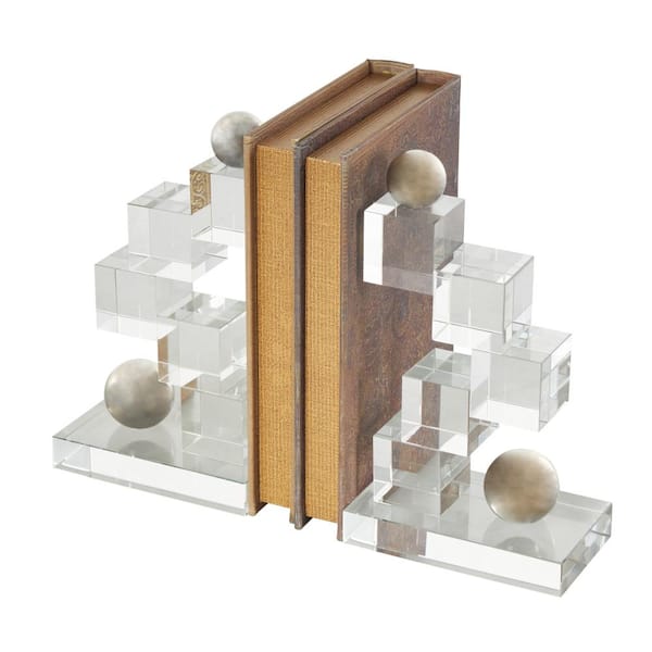 Litton Lane Clear Glass Stacked Squares Bookends with Silver Orbs (Set of 2)