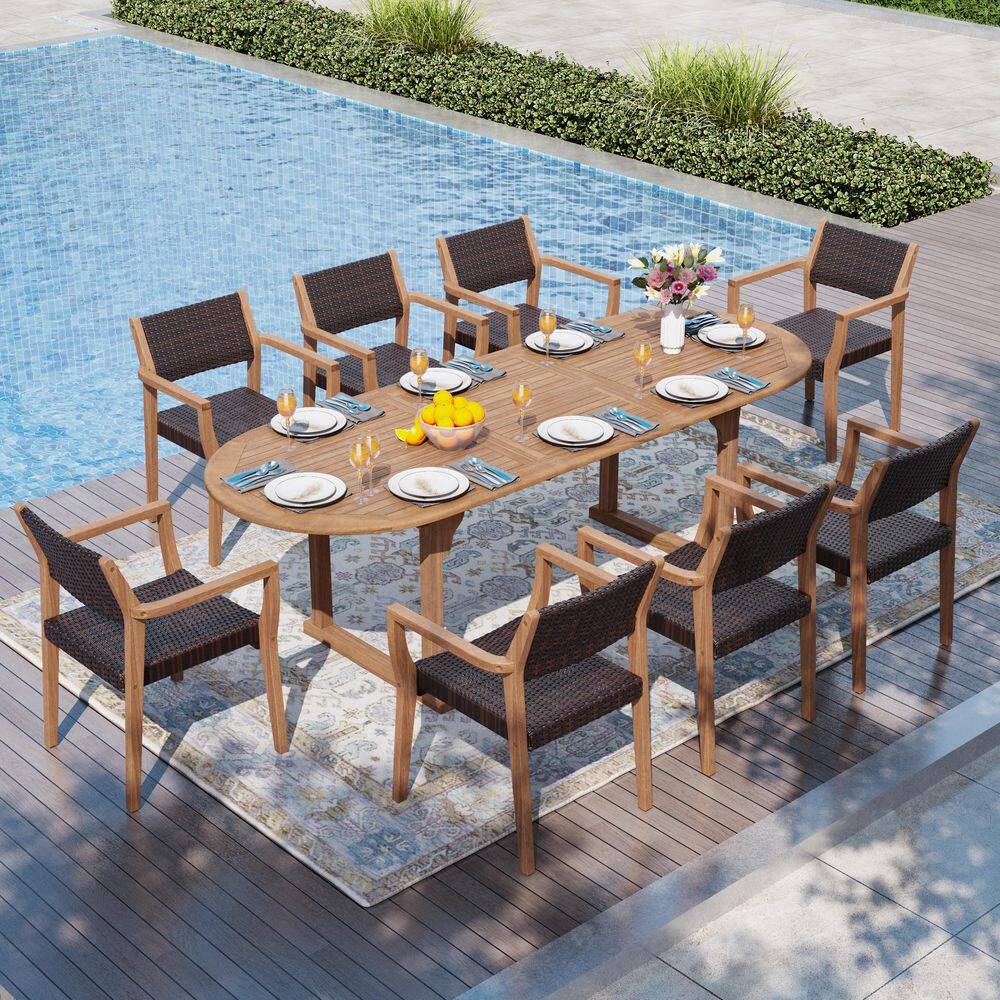 Dark Brown 9-Piece Wood Patio Outdoor Dining Set With Extendable Table and Wood Rattan Chairs price history on PriceWatchPro