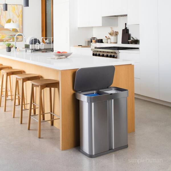 15.3 Gallon Touch-Free Dual Compartment Rectangular Kitchen Trash Can Recycler Voice and Motion Sensor Activated White Stainless Steel simplehuman 58 Liter