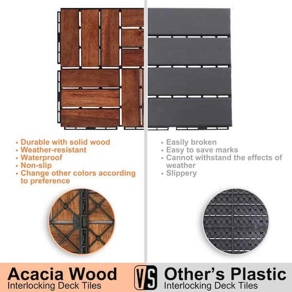 Amucolo 12 in. x 12 in. Checker Pattern Acacia Wood Interlocking Deck Tiles in Brown for Patio, Pool Side (Set of 20 Tiles)