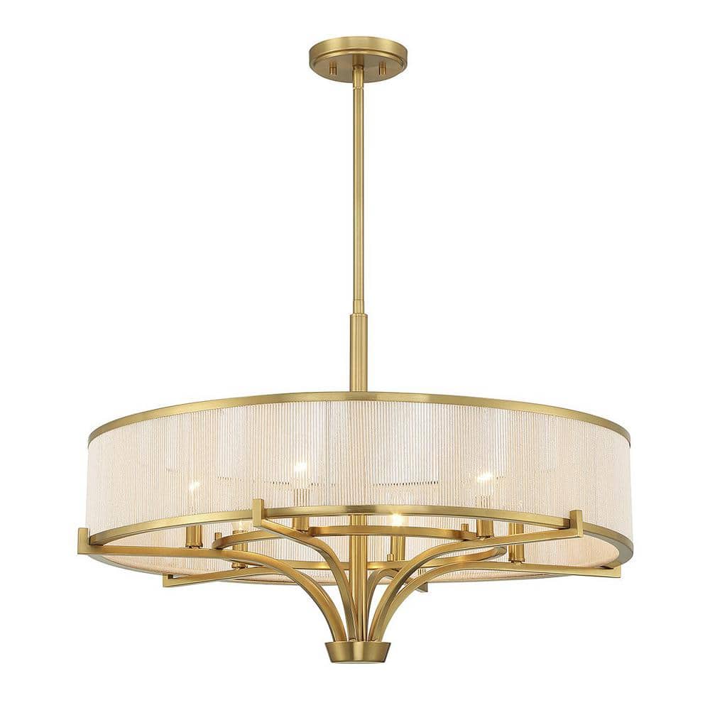 Warm Brass 6-Light Chandelier with White String Drum Shade