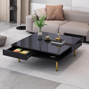 33.4 in. Black Exquisite High Gloss Square Particle Board Coffee Table with Golden Legs, Drawers, Open Storage Shelves