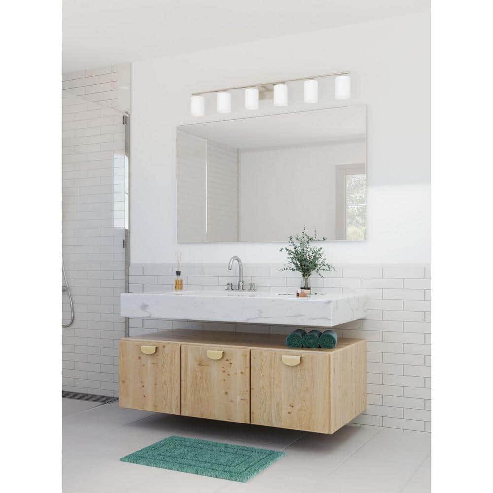 Replay Collection 48" Brushed Nickel 6-Light Bath Vanity with Etched Glass Shades