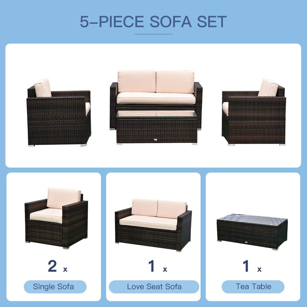 Rattan Wicker 4-Person Patio Set with Cushioned Chairs & Glass Table