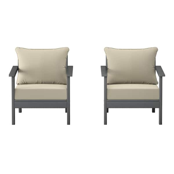 Birchwood Gray Outdoor Patio (Set of 2) Deep Seating HDPE Lounge Chairs w/ Beige Cushions