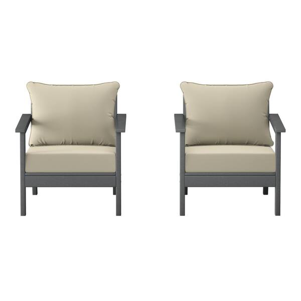 Birchwood Gray Outdoor Patio (Set of 2) Deep Seating HDPE Lounge Chairs w/ Beige Cushions
