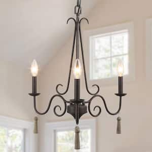 18.9 in. 3-Light Rustic Bronze French Country Farmhouse Candlestick Chandelier Classic Island Lamp with Wood Bead Drops