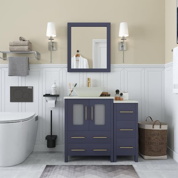 Vanity Art Ravenna 36 in. W Single Basin Bathroom Vanity in Blue with White Engineered Marble Top and Mirror