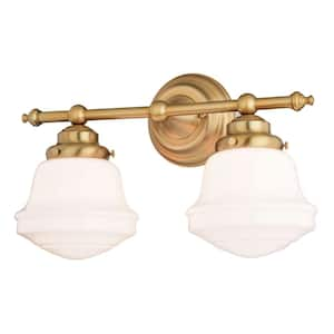 Huntley 16 in. W 2 Light Vanity Light Gold Brass Farmhouse Bathroom Wall Fixture White Schoolhouse Glass