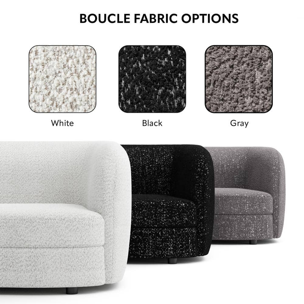 Off-White Boucle Fabric Curved Loveseat with Wooden Legs