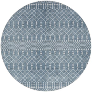 Astra Machine Washable Blue 4 ft. x 4 ft. Moroccan Transitional Round Area Rug