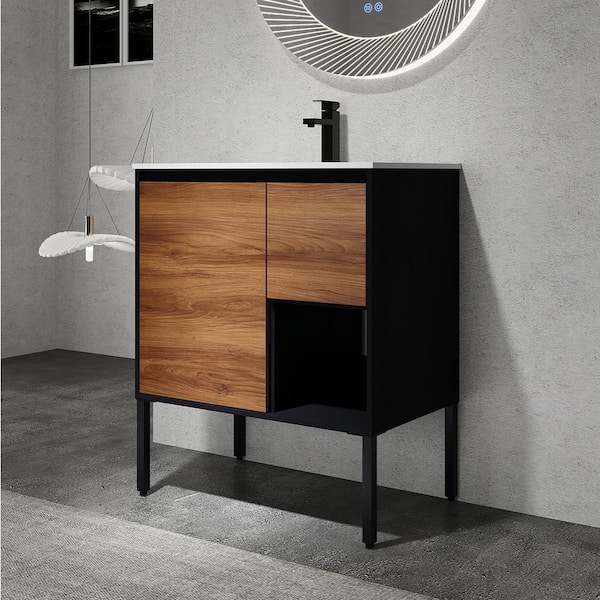 Staykiwi 30 in. W x 18 in. D x 35 in. H Freestanding Bathroom Vanity in Brown Ebony with White Top and Acrylic Sink