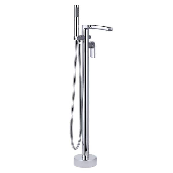 Brass Freestanding Waterfall Tub Faucet with Single Handle and Hand Shower in Polished Chrome