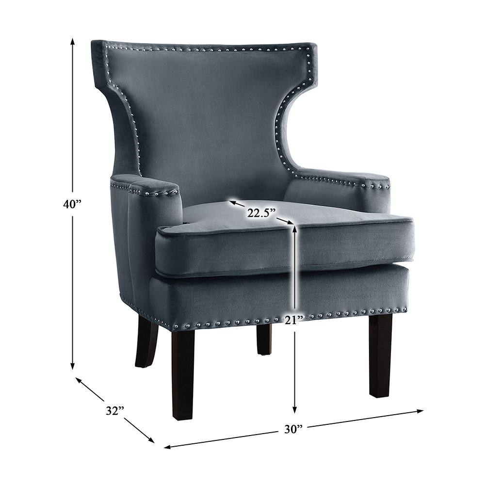 Gray Velvet Accent Chair with Studded Rivets and Saber Legs