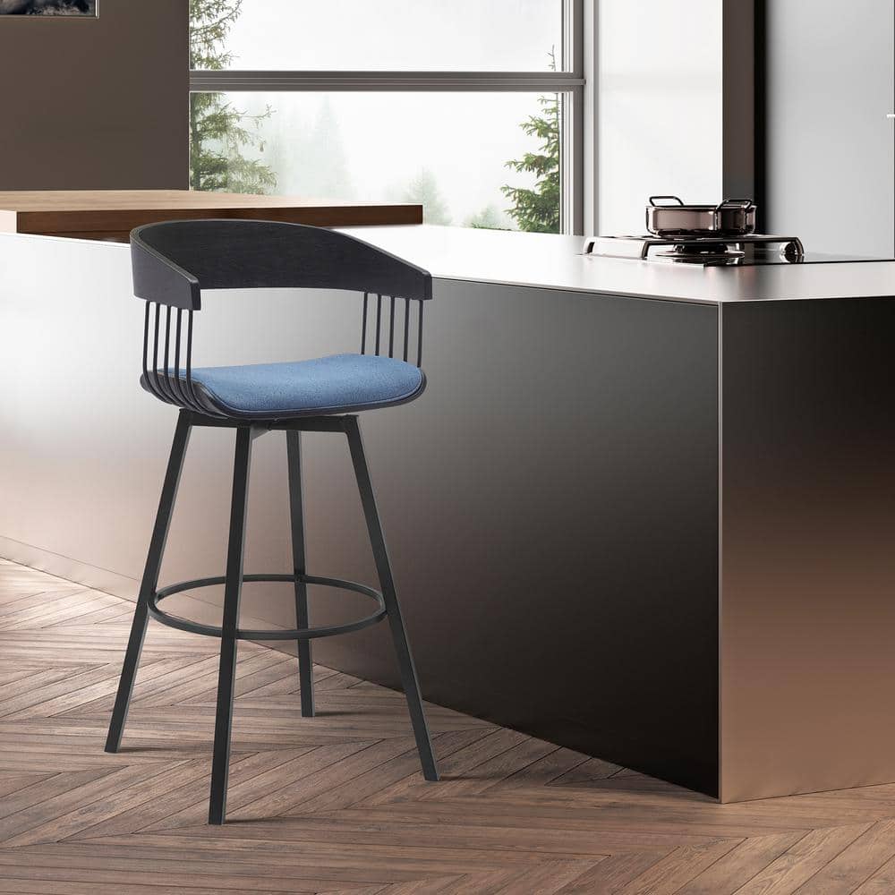 Athena Swivel 27 in. Blue/Black Metal/Wood Counter Stool with Blue Fabric S