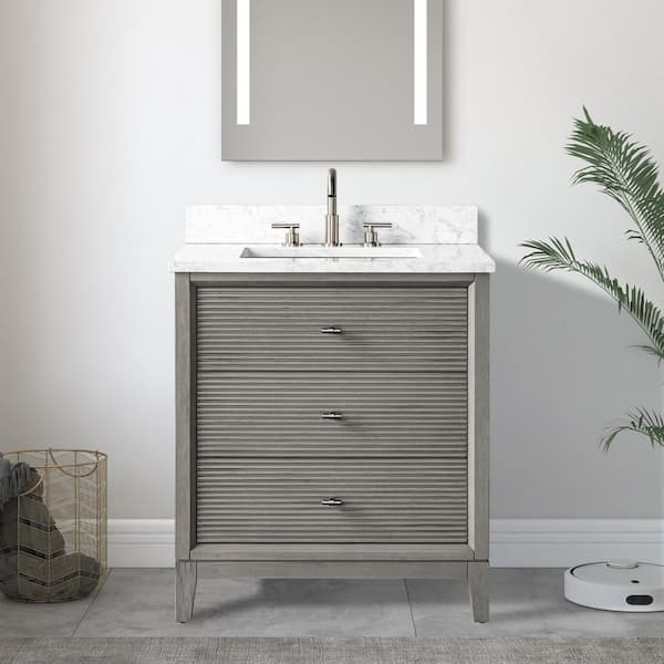 30 in. W Single Sink Freestanding Driftwood Gray Bath Vanity Cabinet with Arabescato White Engineered Marble Top