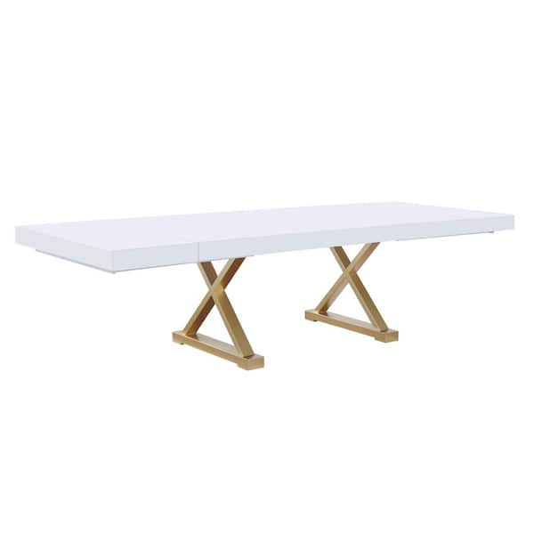 Best Master Furniture Tyrion 104 in. L Rectangle Extendable Modern White Dining Table in Brushed Gold (Seats 8)