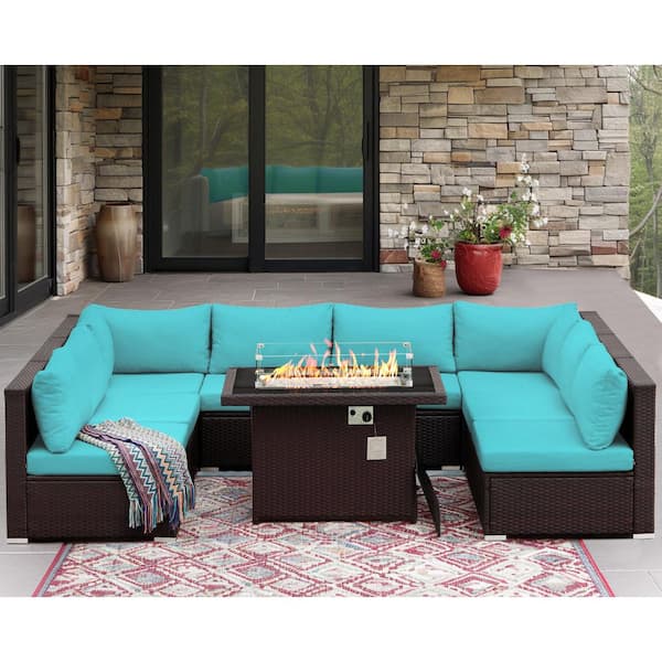 FINCATI 9-Piece Large Size Espresso Wicker Patio Conversation Deep Seating Sectional Sofa Set with Fire Pit and Teal Cushions