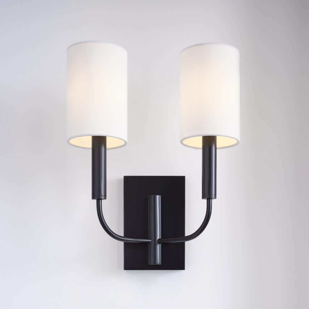 Brianna Aged Iron 2-Light Wall Sconce with White Linen Shade