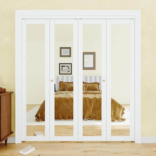 ARK DESIGN 72 in. x 80 in. 1-Lite Mirror and MDF White Solid Core Prefinishied Closet Bifold Door with Hardware Kit