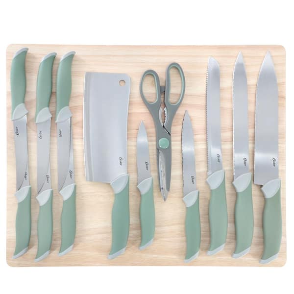 Oster Linbergh 14 Piece Stainless Steel Cutting Board and Knife Set in Green with Soft-Grip Handles