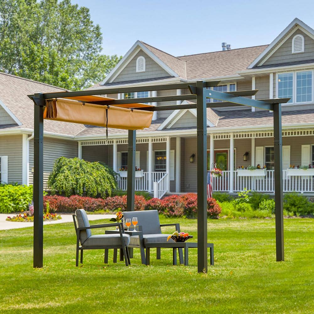 10' x 10' Dark Gray Aluminum Pergola with Retractable Canopy