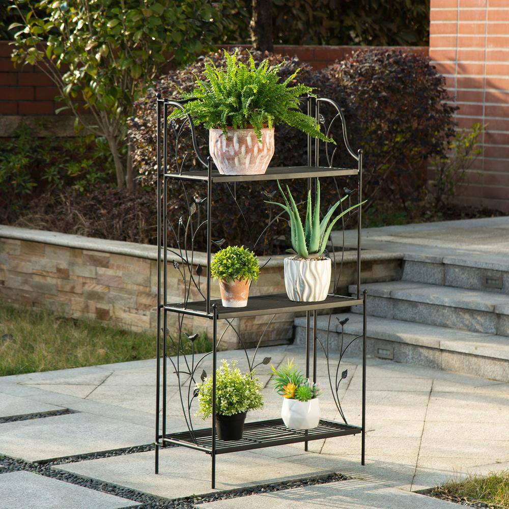 Black Metal 3-Tier Rectangular Plant Stand with Vines and Birds