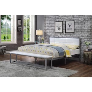 Karina White and Silver Queen Metal Platform Bed with Attached Bench