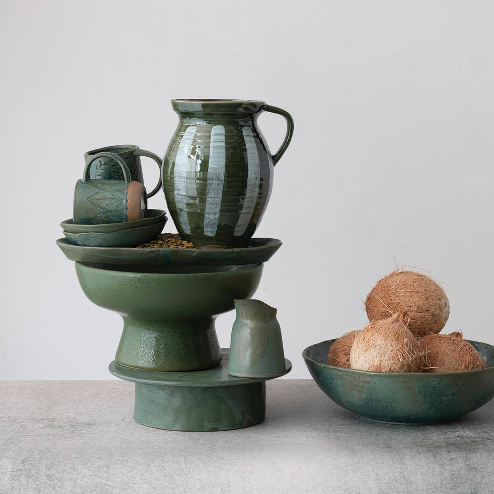 Matte Green Reactive Glaze Ceramic Serving Bowl, 14"