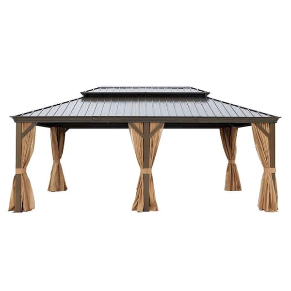 Mondawe 12 ft. x 20 ft. Dark Brown Aluminium Alloy Gazebo with Netting and Brown Curtains