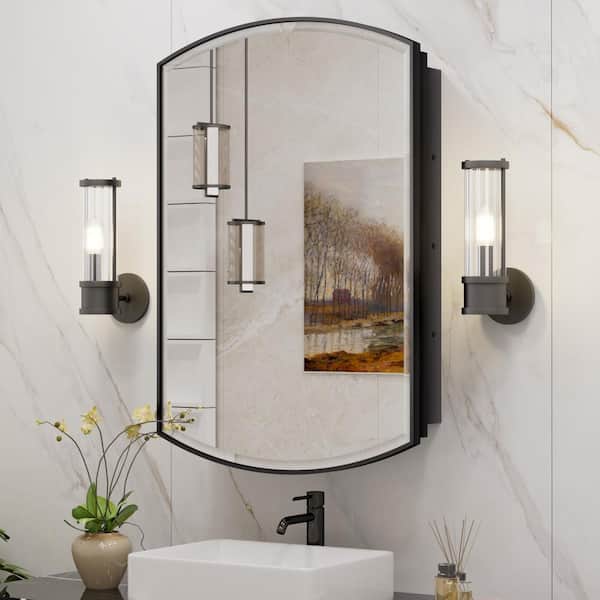 KeonJinn 20 in. W x 30 in. H Arched Framed Single Door Aluminum Recessed/Surface Mount Medicine Cabinet with Mirror in Black