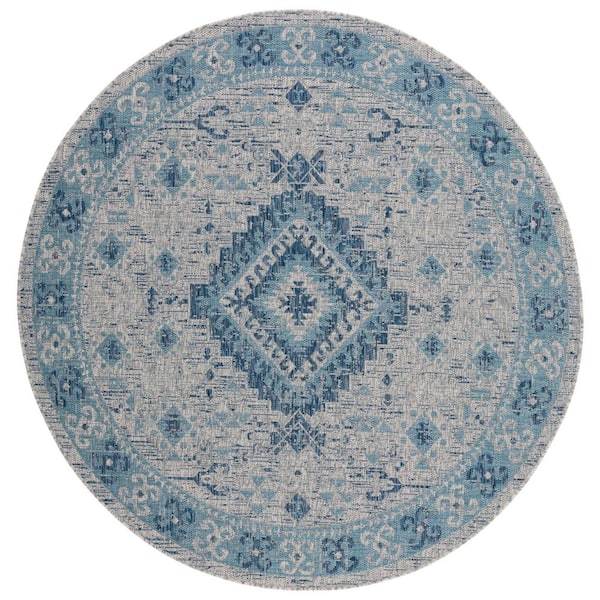 Courtyard Light Gray/Blue 7 ft. x 7 ft. Border Aztec Medallion Indoor/Outdoor Round Area Rug