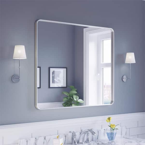 40 in. W x 36 in. H Rectangular Aluminum Framed Modern Silver Rounded Wall Mirror