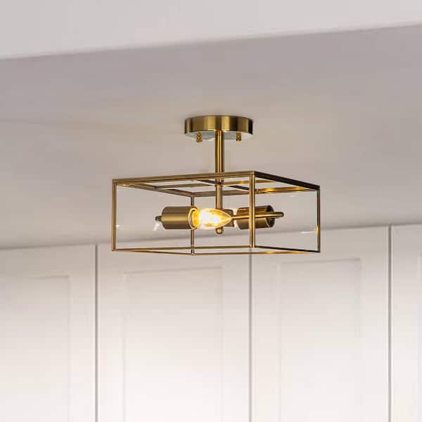ALOA DECOR 2-Light Mid-Century Modern Cube Glass Semi-Flush Mount Ceiling Light with Painted Brass Frame