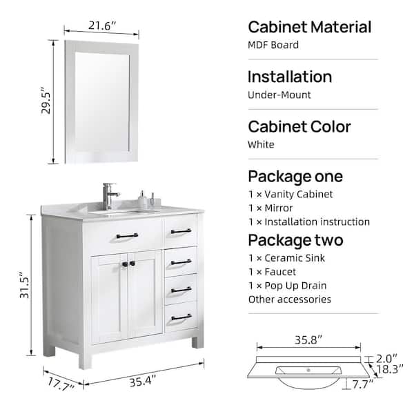 Wonline 35.4 in. W x 17.7 in. D x 31.5 in. H Single Sink Bath Vanity in White with White Ceramics Top and Mirror