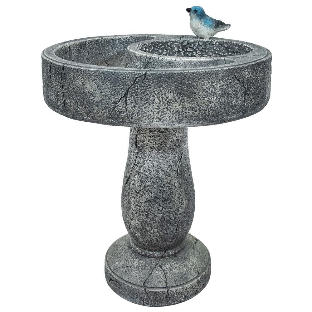 Gray Polyresin Bird Bath with Feeder Compartment, 27" Tall