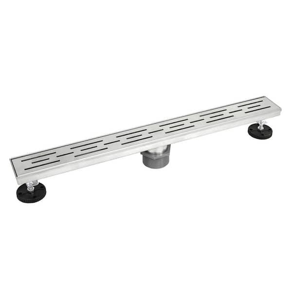 eModernDecor Shower Linear Drain 32 in. Brushed 304 Stainless Steel Stripe Pattern Grate with Adjustable Leveling Feet