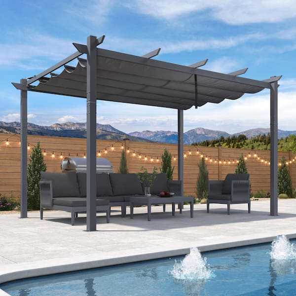 PURPLE LEAF 10 ft. W x 13 ft. D Outdoor Dark Gray Aluminum Pergola with Gray Adjustable Sun Shelter Canopy and Extra Canopy Top