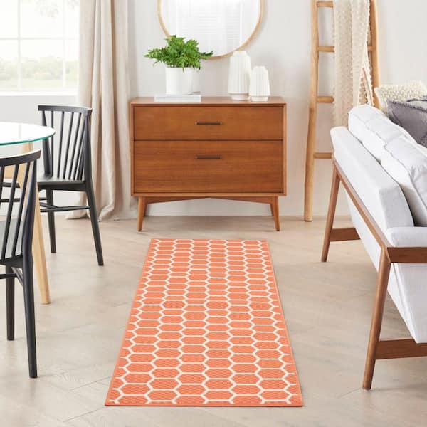 Reversible Indoor Outdoor Coral 2 ft. x 8 ft. Honeycomb Contemporary Runner Area Rug