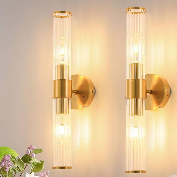 Morauroral 20 in. Modern Gold Wall Sconce (Set of 2) with Cylinder ...