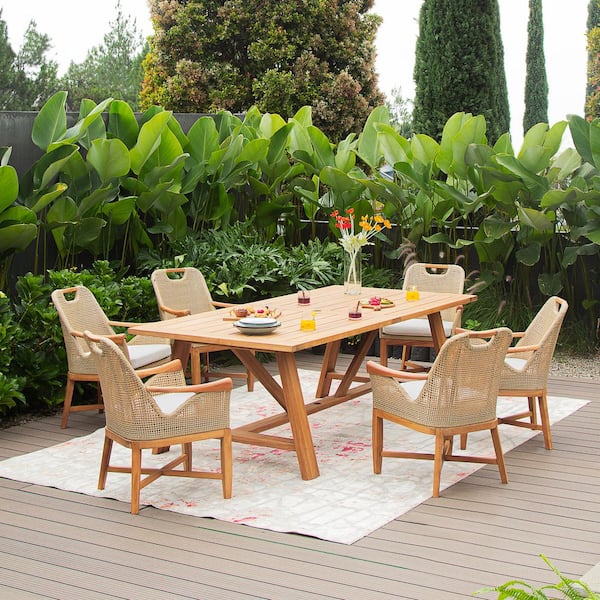 Midney 6-Piece Teak Wood Outdoor Dining Set with Tan Cushions