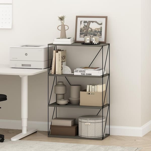 Furinno Rata 39.06 in. Tall French Oak Grey Wood 4-Shelf Flat Base Bookcase with Metal Frame