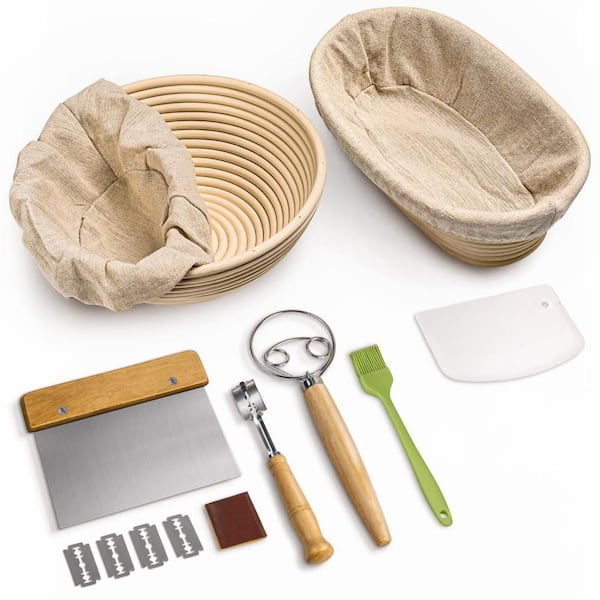 9 in. Round and 10 in. Oval Bread Banneton Proofing Basket Set with Dough Whisk Lame Dough Scraper, White