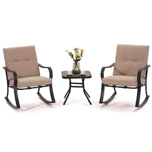 3-Piece Metal Outdoor Rocking Chair with Coffee Table and Beige Cushions