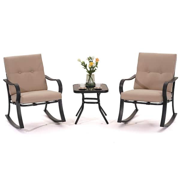 maocao hoom 3-Piece Metal Outdoor Rocking Chair with Coffee Table and Beige Cushions