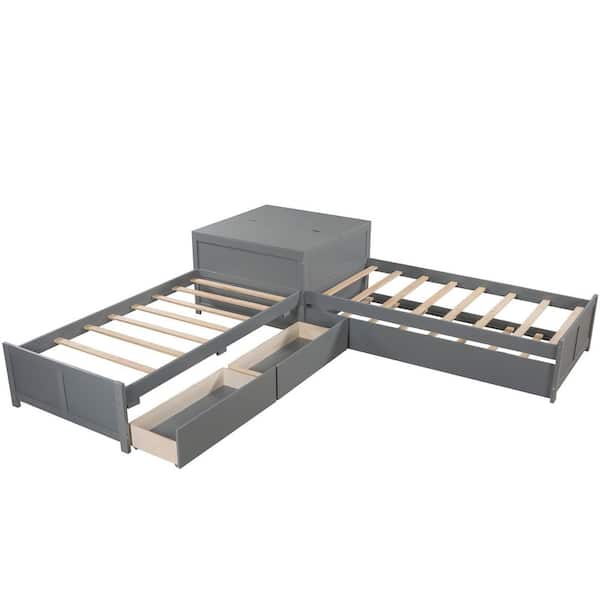 STICKON Gray Wood Frame Twin L-Shaped Platform Bed with Trundle and Built-In Flip Square Table