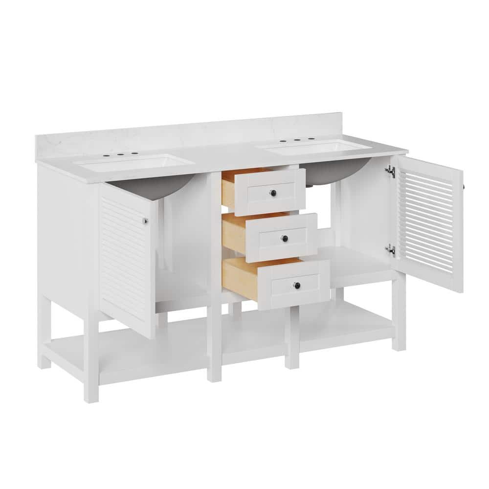 60'' White Double Sink Freestanding Bathroom Vanity with Marble Top