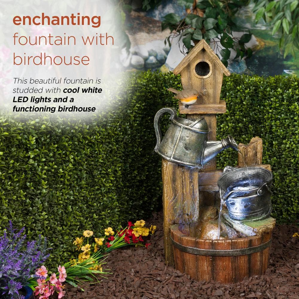 Rustic Polystone Watering Can Birdhouse Fountain with LED Lights